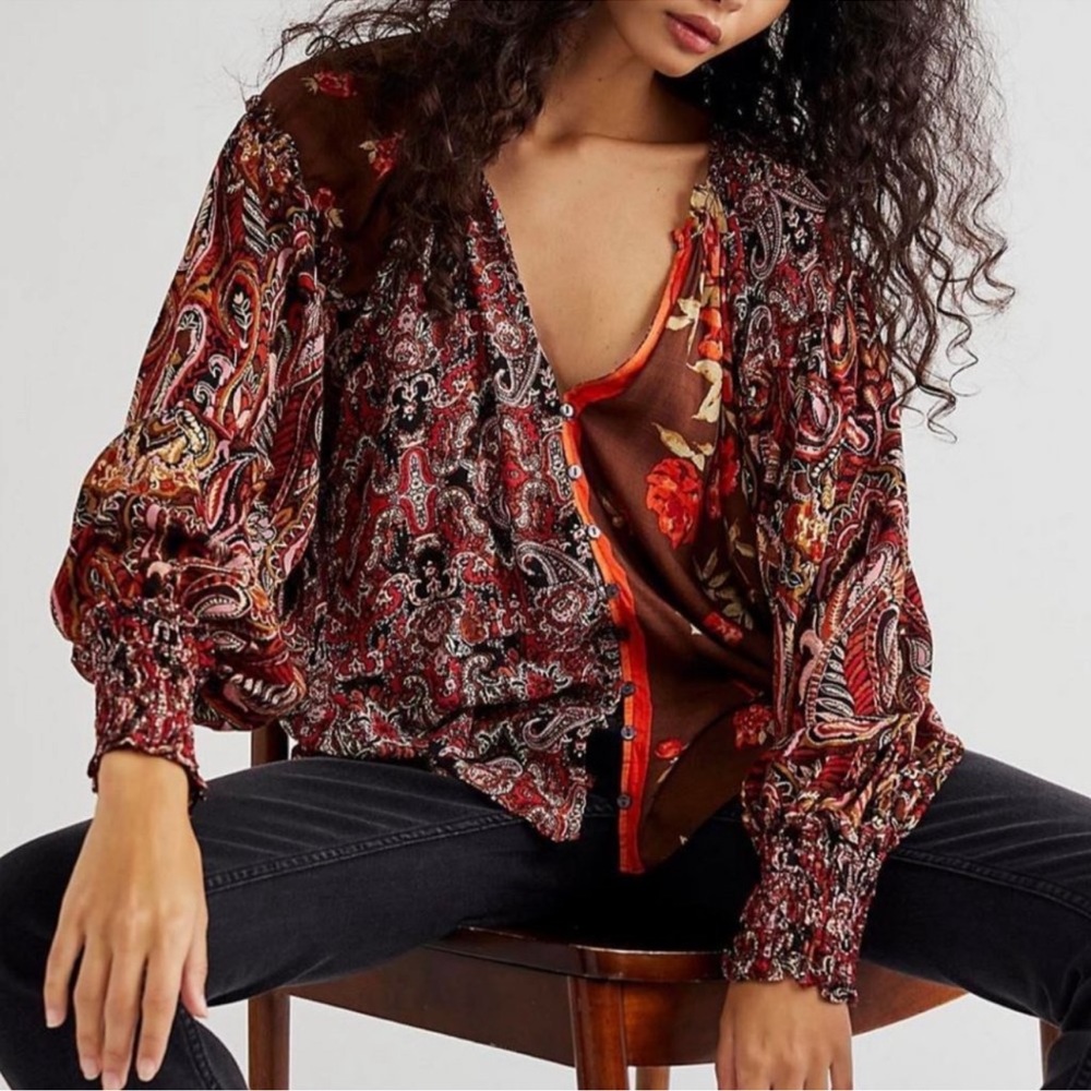 Free People Gemini Mixed Print Button Down Blouse